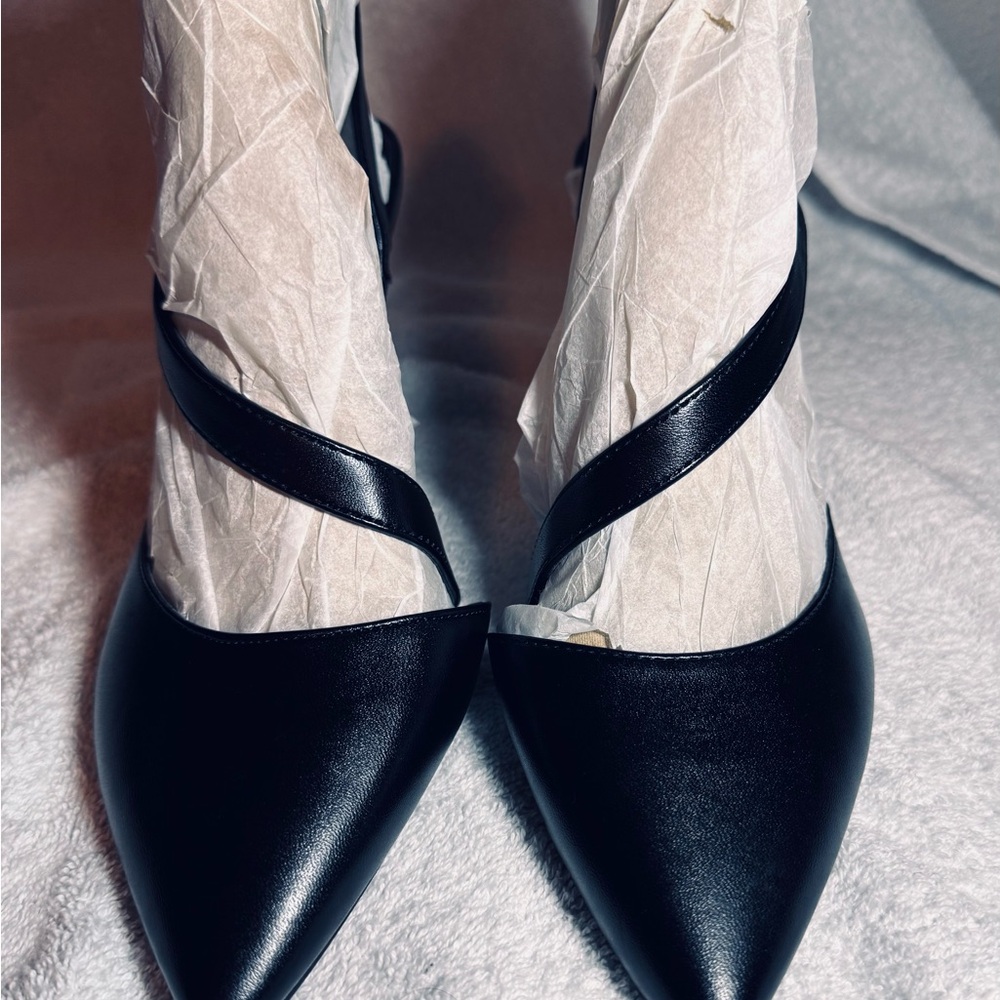 Calvin Klein Black Slingback Heels with Elegant Asymmetrical Strap, Sz 10